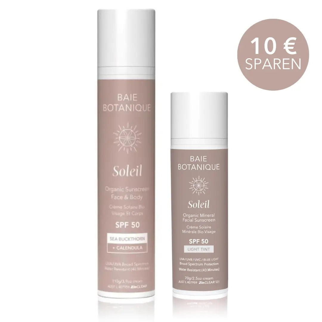Sonnenschutz Basis Bundel Sunscreen Baie Botanique EU | Organic and Vegan Skincare Sonnenschutz für Gesicht und Körper 110g + Gesichts-Sonnenschutz GETÖNT 70g