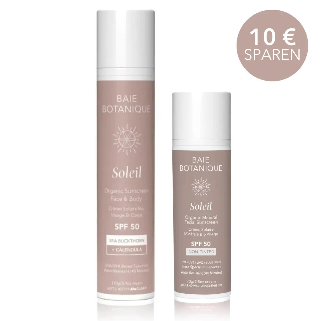Sonnenschutz Basis Bundel Sunscreen Baie Botanique EU | Organic and Vegan Skincare Sonnenschutz für Gesicht und Körper 110g + Gesichts-Sonnenschutz UNGETÖNT 70g