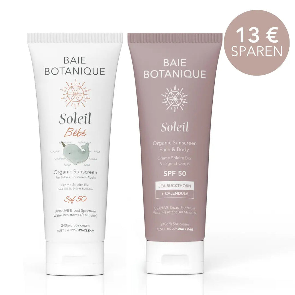 Familien-Sonnenpflegepaket Sunscreen Baie Botanique EU | Organic and Vegan Skincare 240g Sonnenschutz für Gesicht und Körper + 240g Baby-Sonnenschutz 